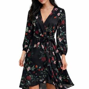 Amour Vert Osaka Floral Silk Wrap Dress Black Green Small